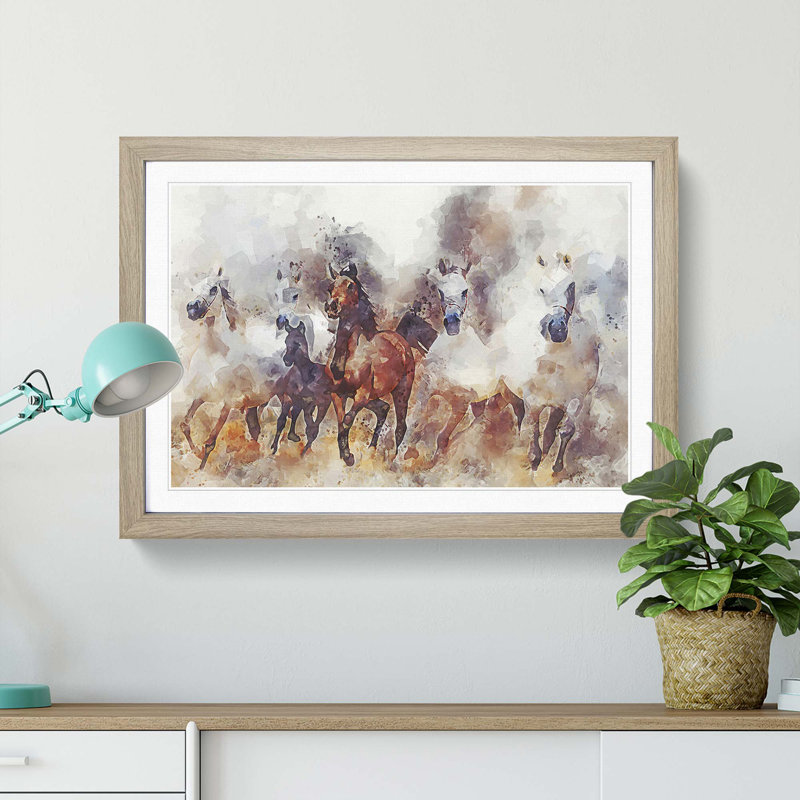 Galloping Horses in Abstract - Picture Frame Painting Print on MDF, 27cm H x 36cm W x 2cm D, Oak Framed