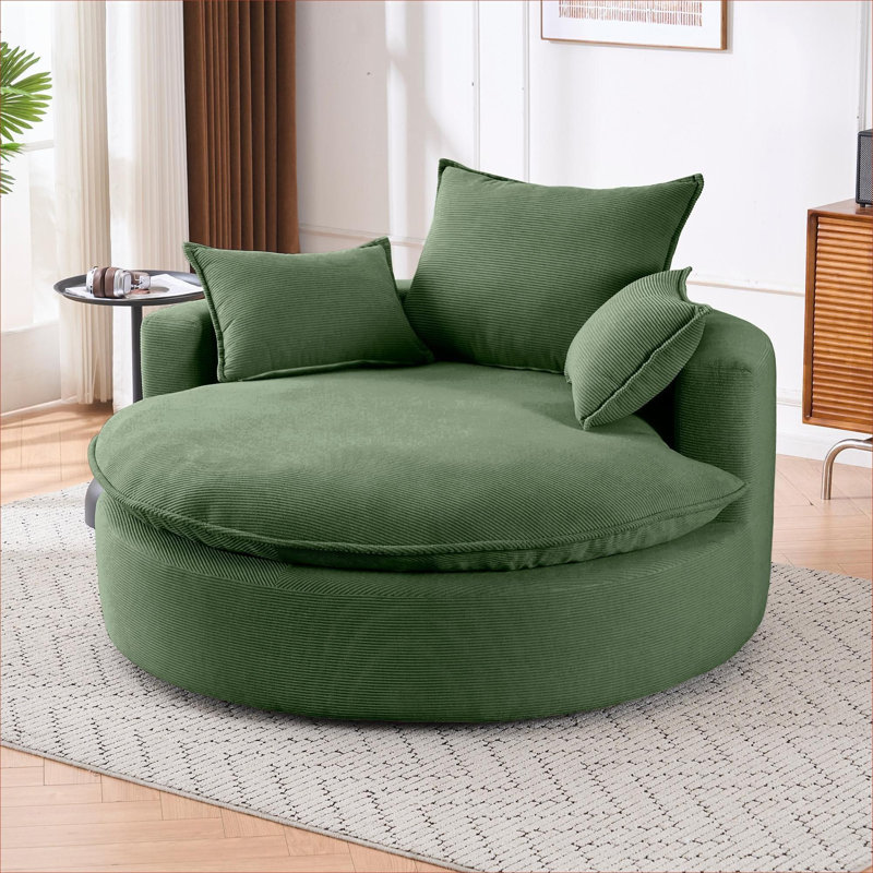 Fauteuil d'appoint surdimensionné vert en velours côtelé pivotant à 360 ° pour une détente confortable dans les espaces de vie