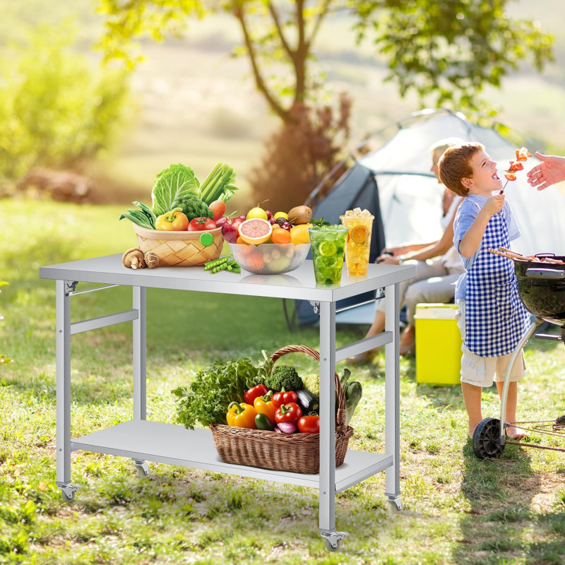Table de salle à manger pliante en acier inoxydable - Poste de travail commercial robuste à deux niveaux, tablette réglable, roulettes verrouillables, capacité de 920 lb, pour la cuisine, le restaurant, le garage - 36 po x 24 po - avec roulettes, panneau entier à deux couches, 36 x 24 x 27,6 po