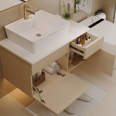 Meuble-lavabo 31,5 po avec lavabo en céramique, comptoir en bois massif, rangement mural pour petits espaces dans les armoires