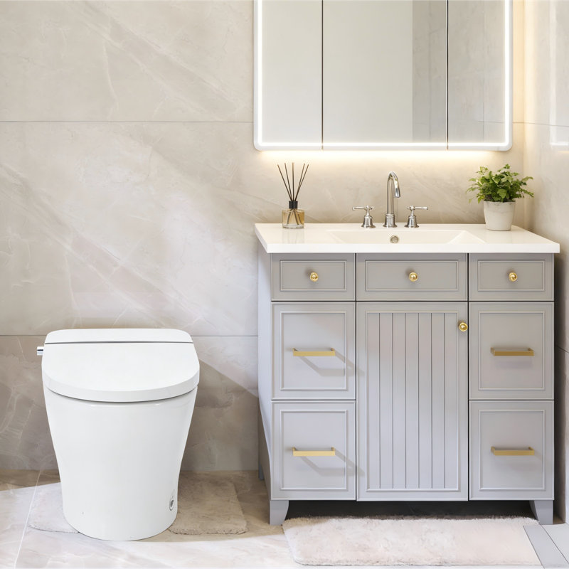 Combiné de bidet de toilette intelligent, double chasse sans réservoir 1 / 1,28 GPF, buse autonettoyante et capteur de pied, siège à fermeture douce avec veilleuse, commande à bouton et chasse de panne de courant, blanc