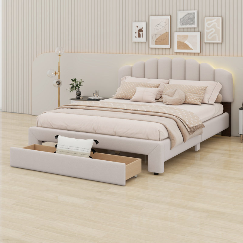 Lit plateforme tapissier avec tiroir, Beige