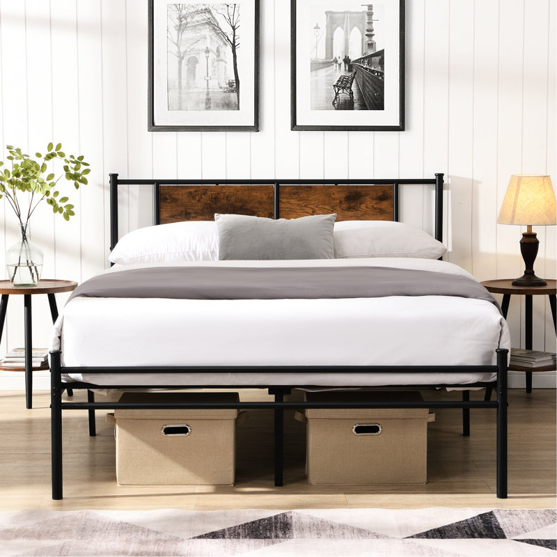 Structure de très grand lit avec tête de lit décorée à panneau de bois noir, structure durable, fonctionnement silencieux, grand espace de rangement, assemblage facile, compatible avec tous les types de matelas avec tête de lit