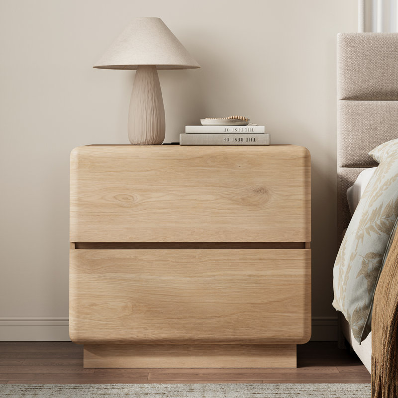 Table de chevet avec station de charge, table de bout moderne de 23,6 po avec 2 tiroirs et base épaissie renforcée pour le salon de la chambre à coucher, chêne naturel