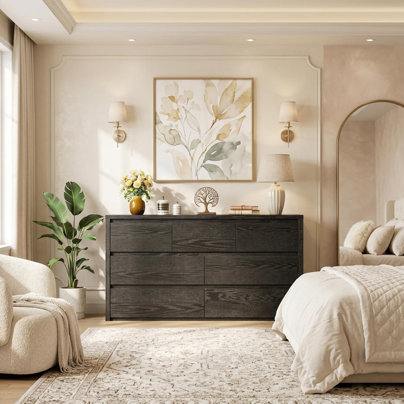 Commode 7 tiroirs en bois pour le salon, le couloir d'entrée et la chambre à coucher, Black