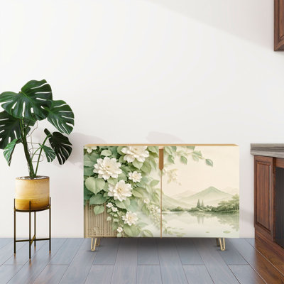 Buffet Buffet avec rangement Elegant Floral Landscape White Blooms Serene Mountain Lake avec 2 portes pour le salon et la cuisine