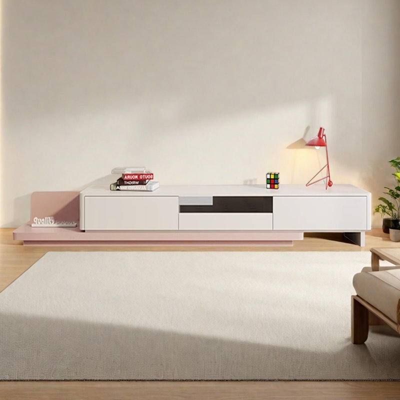 Meuble télé moderne en bois rétractable, H 11,81 po x L 78,74 po x l 15,75 po, Crème et rose