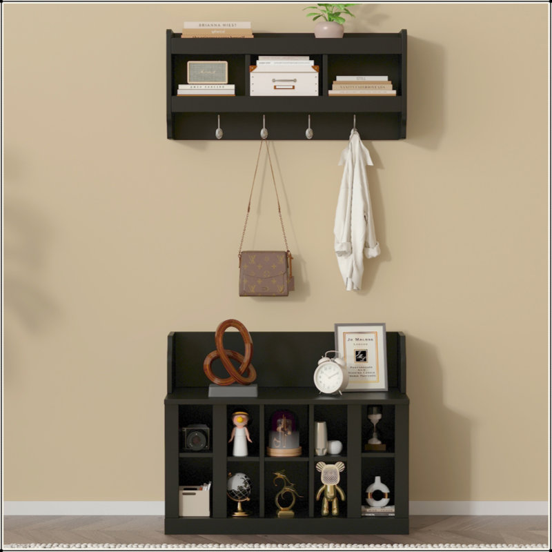 Shoe Storage Bench With Shelves And 4 Hooks, Elegant Hall Tree With Wall Mounted Coat Rack, Entryway Organizer For Hallway, Foyer, Mudroom
