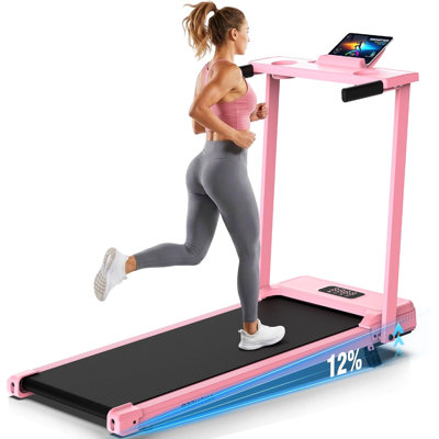 3.5HP Walking Pad Incline Treadmill with Desk & Handle Bar, Heavy Duty 350 lbs Weight Capacity Portable Treadmill for Home and Office, Remote Control & LED Display Pink