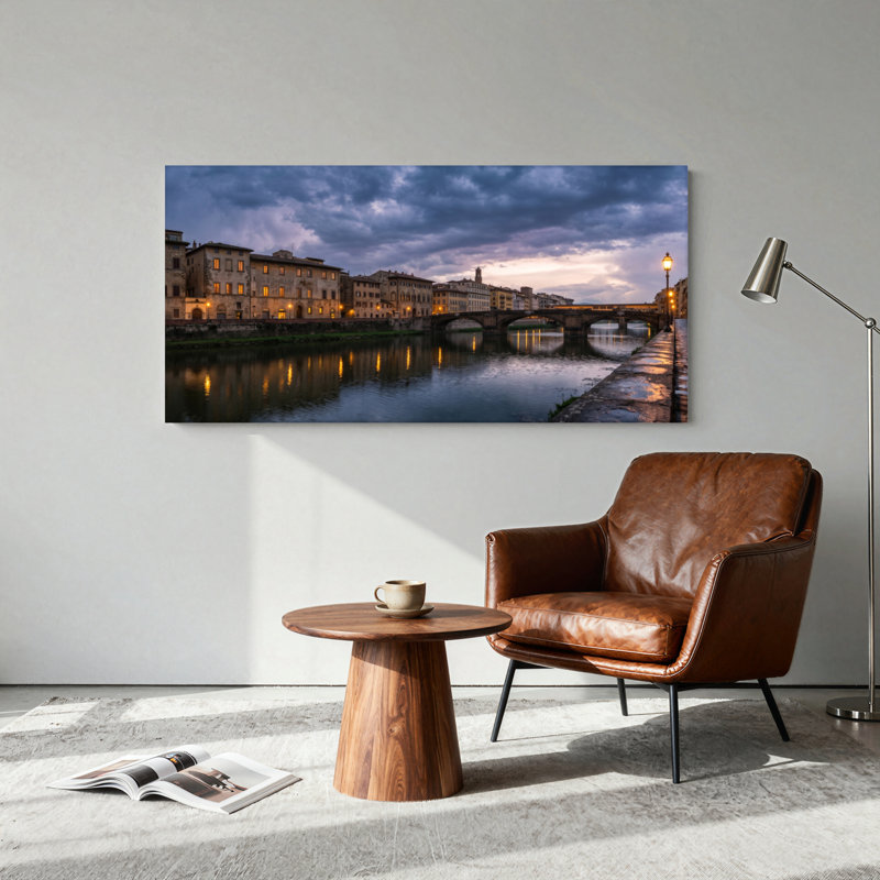 Ensemble de 1 tableau sur toile représentant une rivière et sa ville, L 58 po x H 28 po, Toile tendue