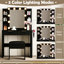Coiffeuse cannelée avec 10 ampoules, coiffeuse de maquillage, station de charge, 2 tiroirs, 4 tablettes ouvertes, support pour sèche-cheveux, tabouret rembourré, finition noire, 3 lumières à DEL, table de conception optimisée pour les petits espaces
