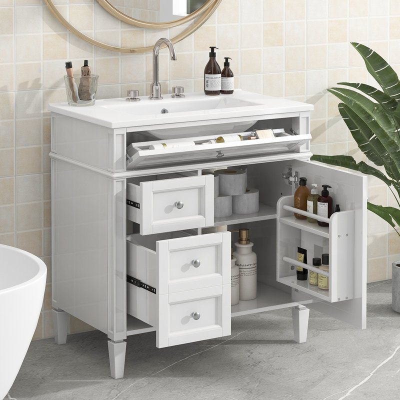 Meuble-lavabo de 30 po avec lavabo supérieur, Slive, Blanc