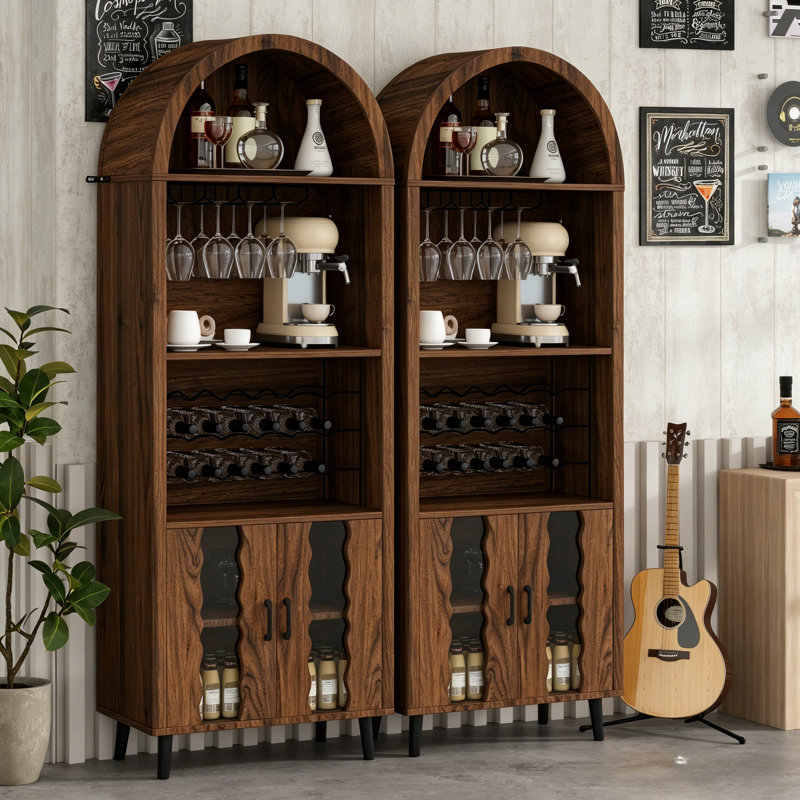 Ensemble de 2 armoires de bar à vin de style campagnard, armoire à café arquée haute de 71 po avec rangement, support à vin et porte-verre