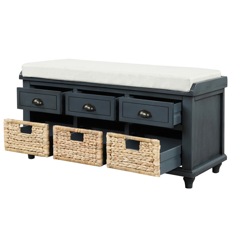 Banc de rangement rustique avec 3 tiroirs et 3 paniers en rotin, banc à chaussures pour le salon, vestibule ()