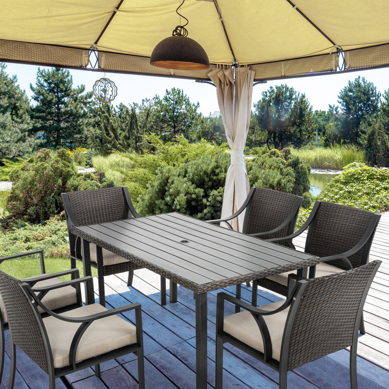 6 - Person Wicker Patio Dining Set with Rectangular Table , Cushions Included, Beige