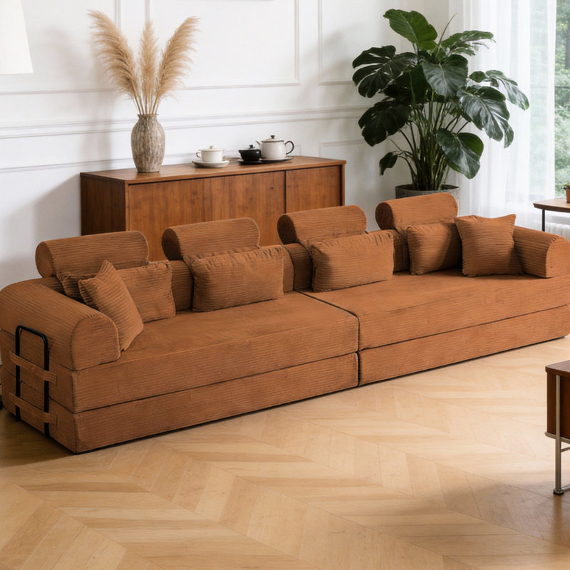 Canapé d'angle en velours côtelé orange 4 places, convertible en lit pour un confort optimal dans votre salon ou votre cinéma maison, design compact et peu encombrant.