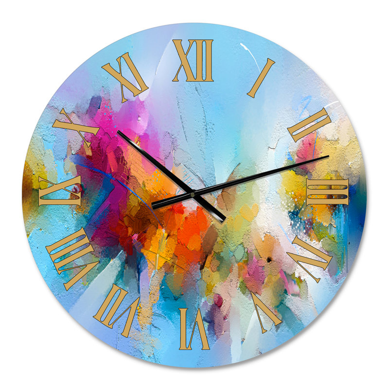 Mauve jaune et bleu abstrait fleur compostion II - horloge murale de ferme, Surdimensionné