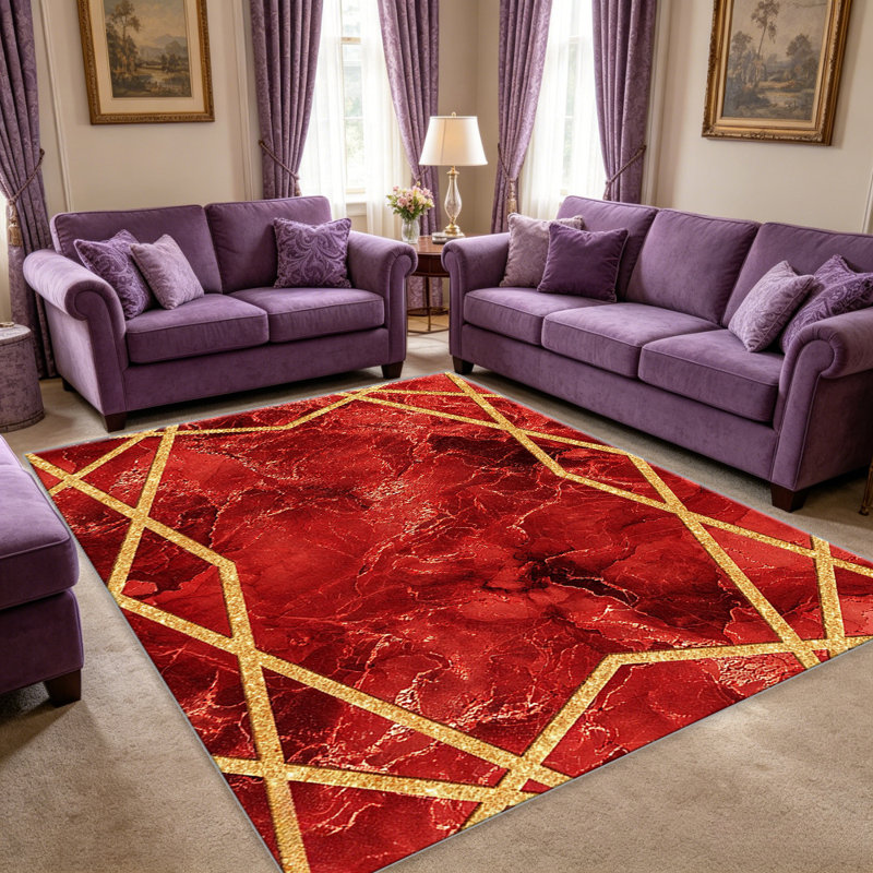 Red Marble with Gold Geometric carpet-easy to clean, machine-washable, soft and comfortable; suitable for door mats, kitchens, living rooms, bedrooms, corridors, and laundry areas. Easy to clean, durable carpet for home decoration.