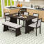 Ensemble de salle à manger de ferme 6 pièces avec table rectangulaire, 4 chaises rembourrées et banc rembourré-2095049932