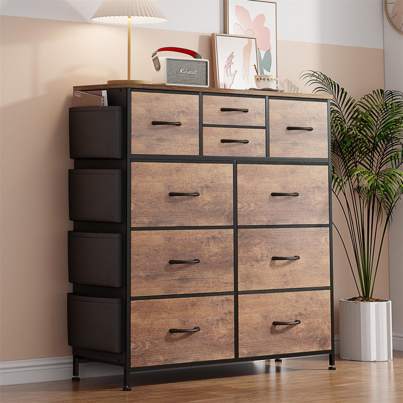 Tall Chest Of Drawers Bedroom, 10 Fabric Drawers Dresser With Side Pockets And Hooks, Wooden Top And Metal Frame, Storage Drawers For Closet, Living Room, Kids Room (Wood Grain)
