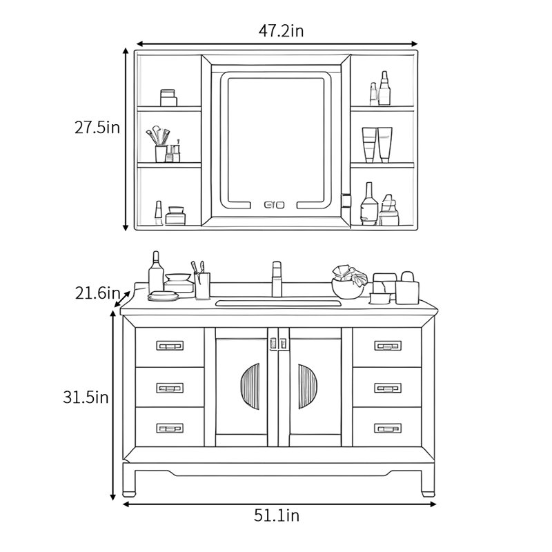 Chinese high-end retro bathroom cabinet, 51.1" W