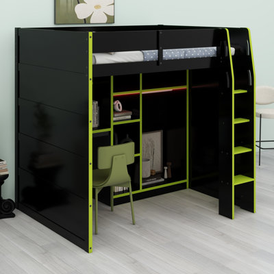 Wood Loft Bed With Desk,Open Wardrobe,Storage Compartments And RGB Lights
