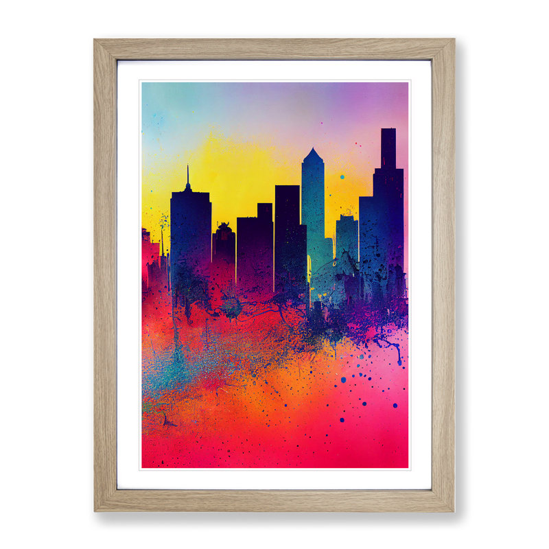 XV1022-3239X Paint Splashed City Skyline No.2 Abstract 1 Piece Single Picture Frame Wall Art, 34cm H x 25cm W x 2cm D, Oak