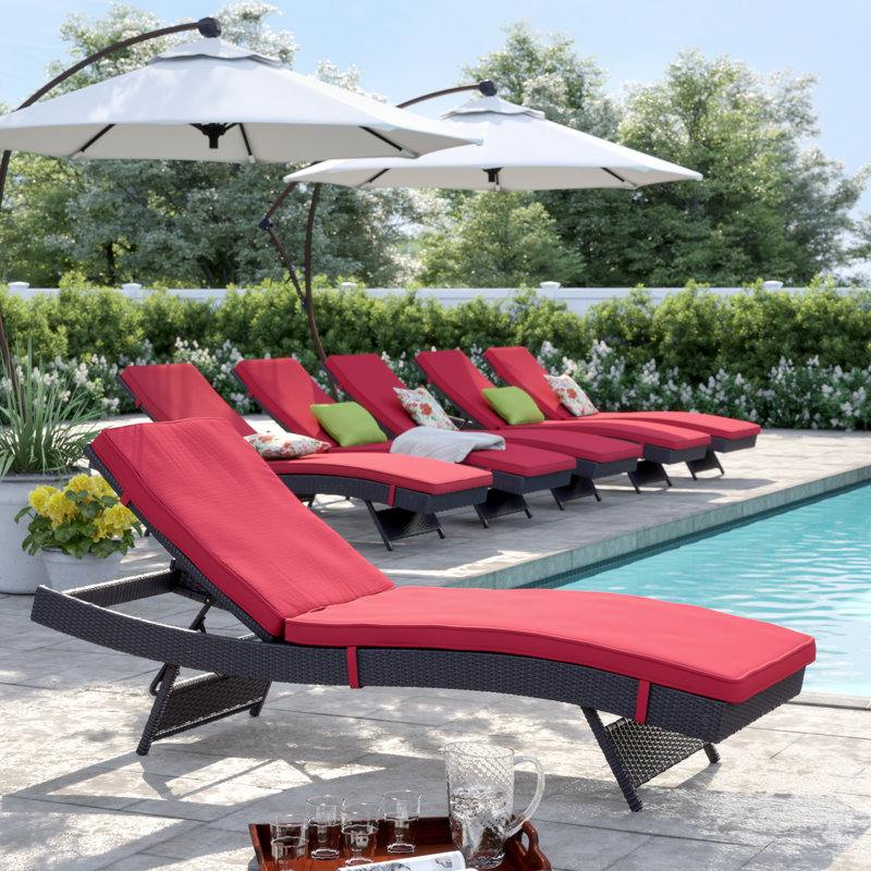 Convene Wicker Rattan Outdoor Patio Chaise Lounge Chairs in Espresso, Red
