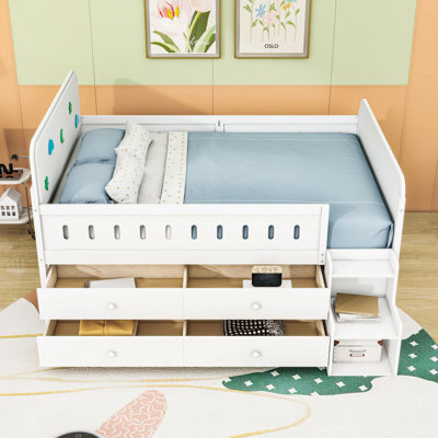 4 Drawers Full Wooden Bed With LED Light And Storage Staircase