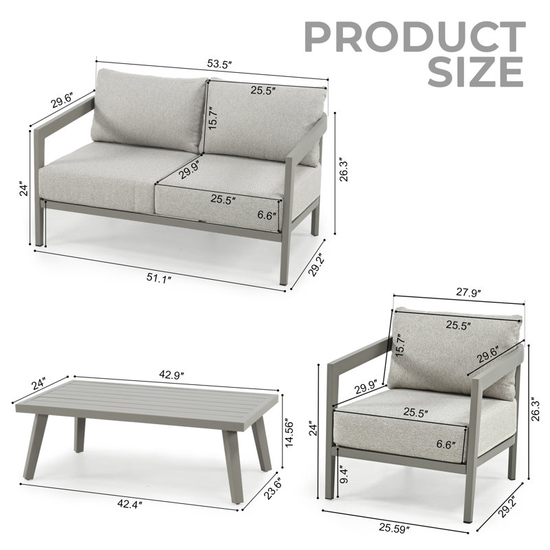 Heitzman 4-Piece Aluminum Patio Conversation Set With Loveseat, Coffee Table And Gray Cushions