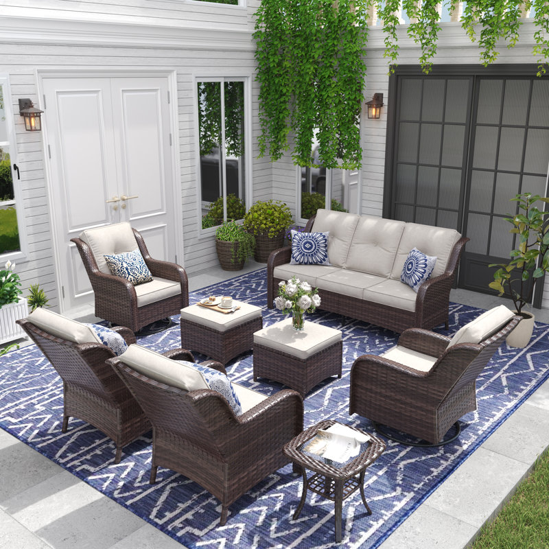 Pe Wicker Outdoor Conversation Sets, Beige Cushion/Brown Frame
