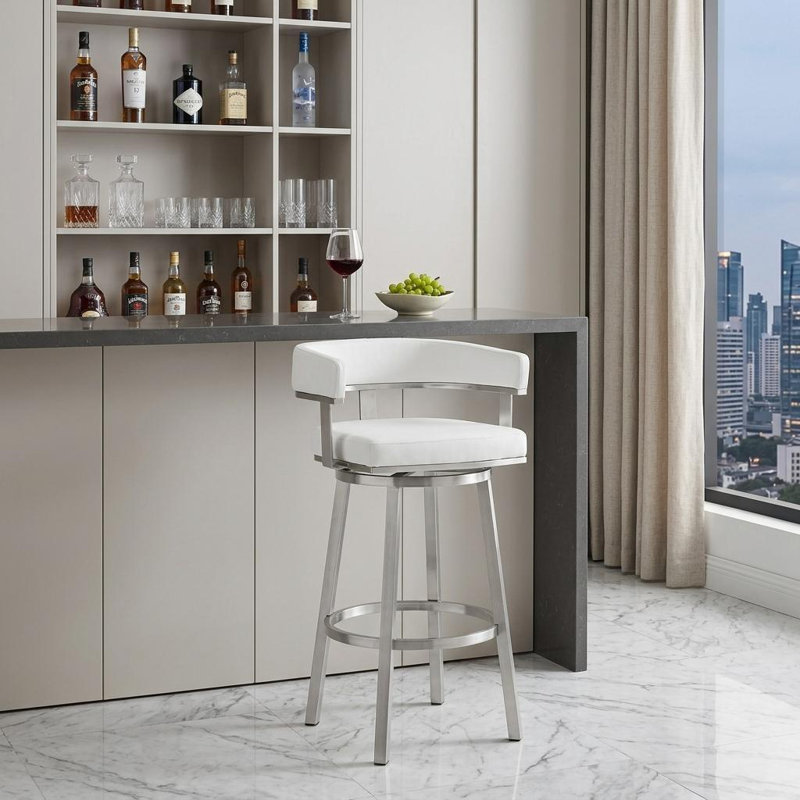 Chaise de bar pivotante à dossier bas en acier inoxydable 30 po blanc et argent