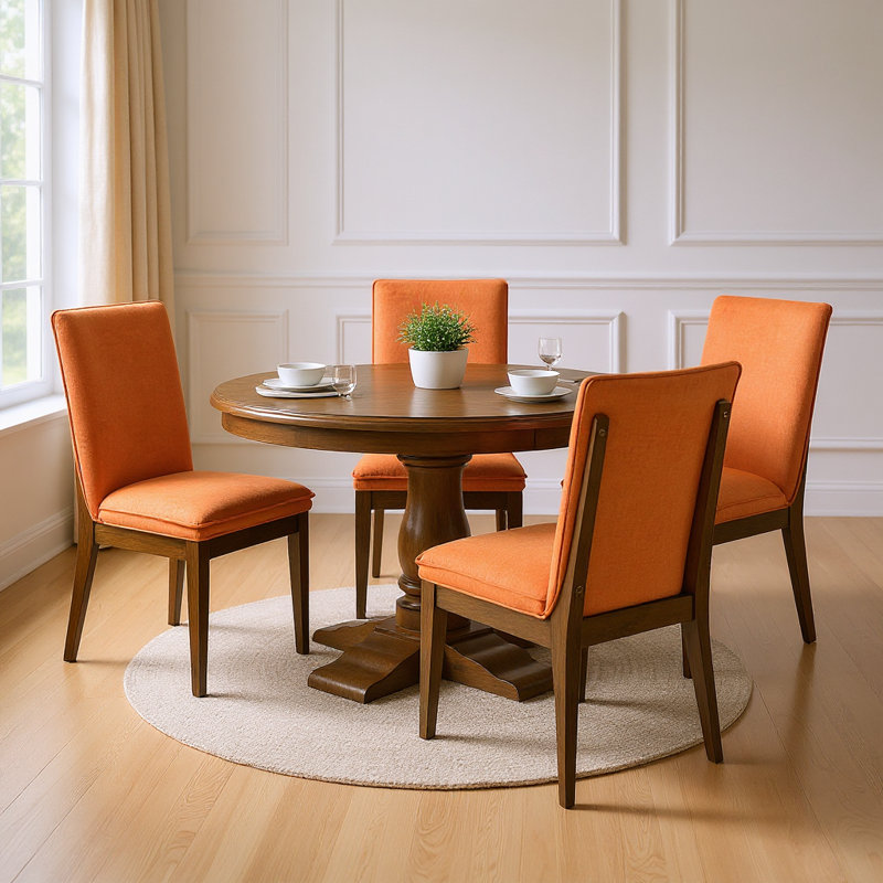 5-Piece Wood Round Dining Set With 4 Chairs, Terracotta, Orange