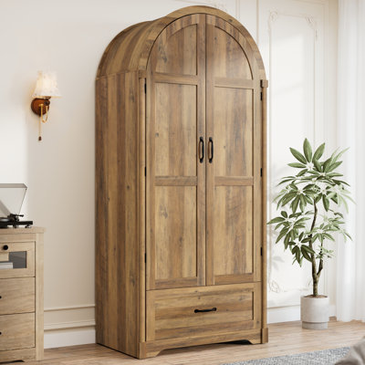 2 Doors Armoire Wardrobe Closet With Mirror & LED Sensor Light, 71" Farmhouse Arched Wood Wardrobe Cabinet With Drawers, Hanging Rod, Modern Clothing Storage Closet Cabinet For Bedroom