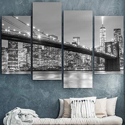 " Brooklyn Bridge And New York City Manhattan Downtown Skyline Black And White " 4 - Pieces