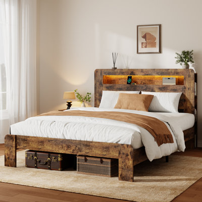 Farmhouse Full Size Bed Frame with Storage Headboard, Wooden Platform Bed Frame with Charging Station & LED Light，Noise Free,No Box Spring Needed and Easy Assembly