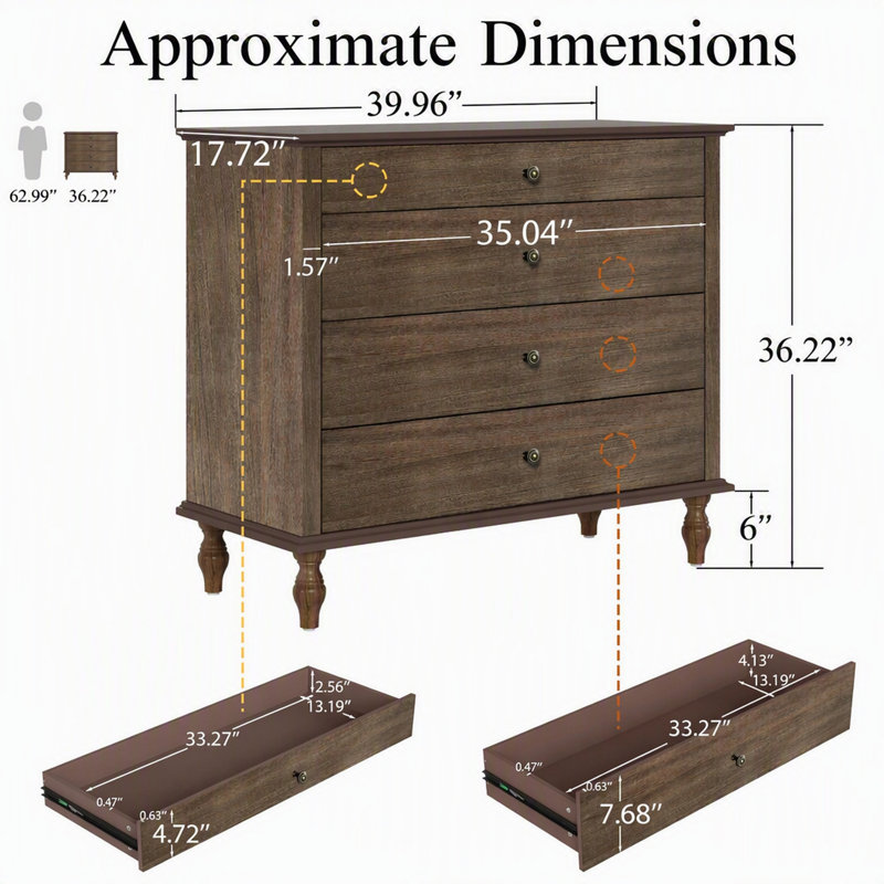 Commode ancienne à 4 tiroirs avec pattes en bois massif et poignées en métal, fini brun foncé, idéale pour la chambre ou la chambre d'enfant.