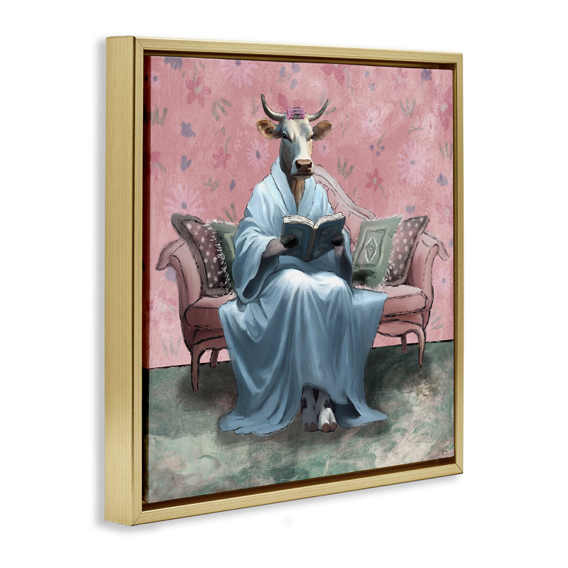 Vache lisant le soir, livre encadré sur toile flottante par Elizabeth Medley, H 25 po x l 25 po