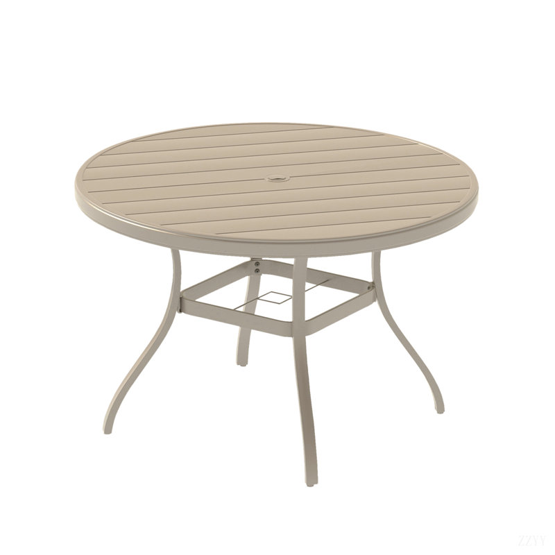 Outdoor Round Patio Dining Table, All Weather Metal Dining Table With Umbrella Hole For Deck Lawn Garden Backyard, Sandstone