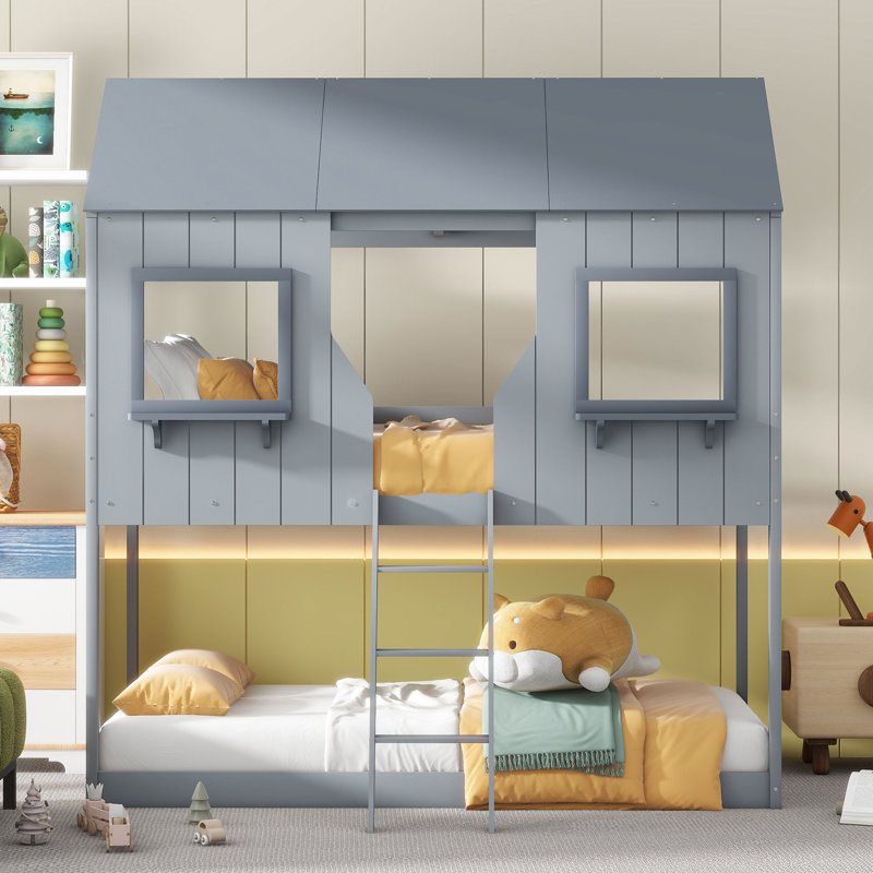  Wood Bunk Bed with Roof, Window, Sturdy Frame, Safety Guardrails, Space-Saving Design, Ladder for Easy Access, Stylish and Functional