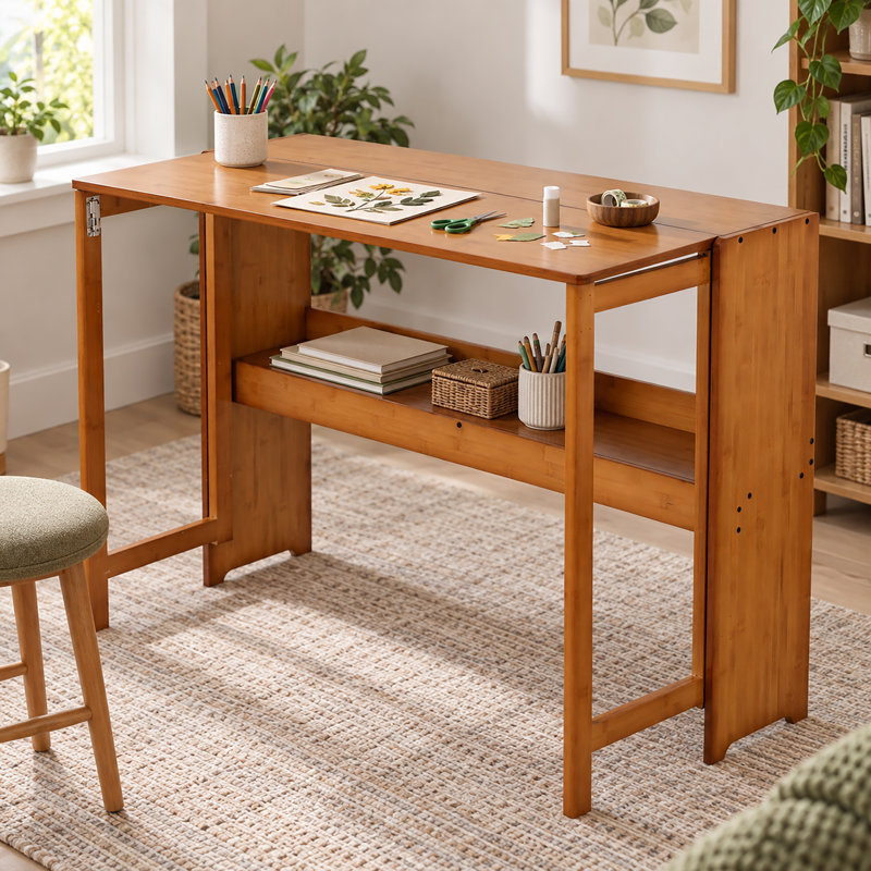Bureau pliable en bambou massif avec étagères de rangement ouvertes intégrées, poste de travail peu encombrant pour chambre, dortoir, appartement et bureau à domicile, finition marron