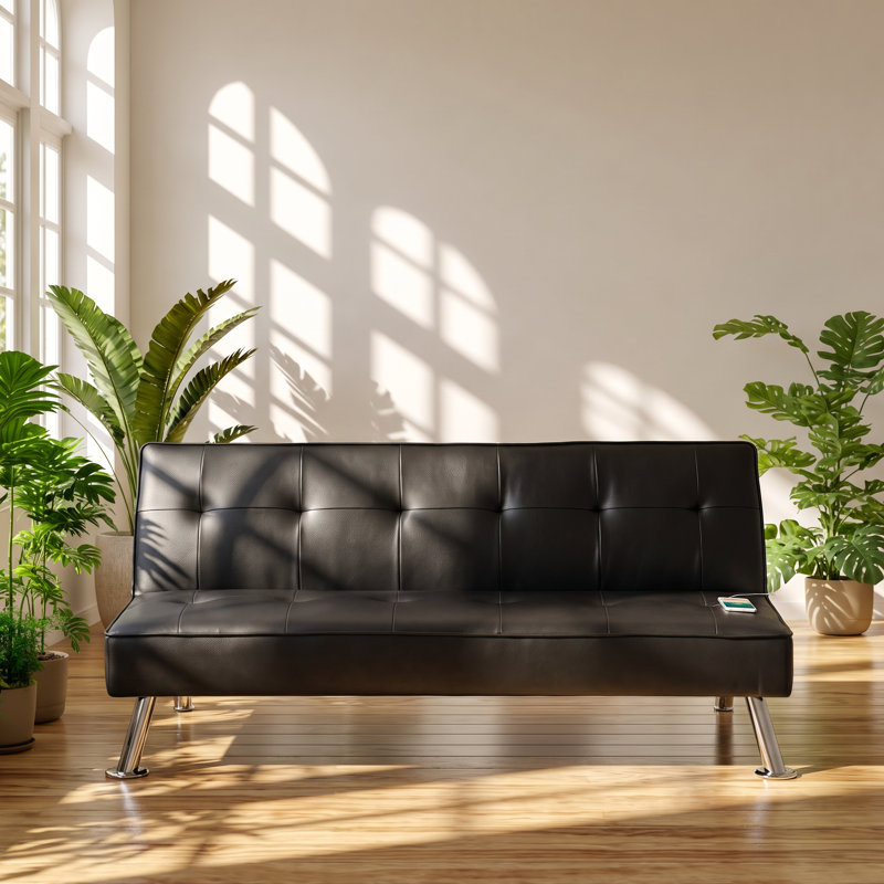Canapé futon convertible capitonné en cuir synthétique avec port USB l 66 po x P 32 po x H 30 po Kanepe