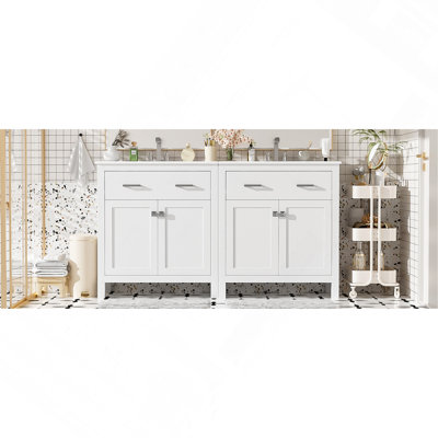 Ensemble de meuble-lavabo blanc 60 po avec lavabos doubles 60 "séparés, double vasque en céramique, tablette réglable, portes à fermeture en douceur et tiroir rabattable