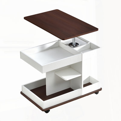 Adjustable End Table With Wheels, 360°rotating Top, Storage Space, Wood Grain Texture And Vertical Striped Design