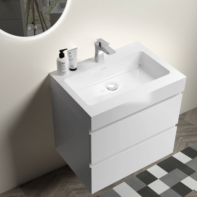 Armoire de salle de bain 24 po blanche, fixée au mur avec capacité de rangement supplémentaire, tiroirs silencieux, lavabo blanc pré-assemblé - espace, décor élégant
