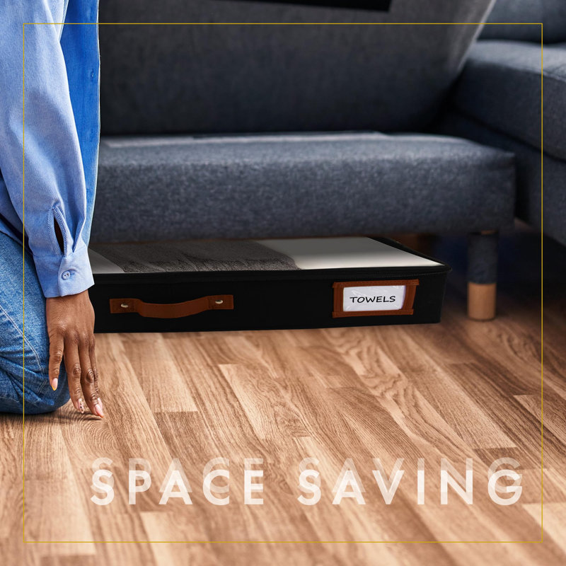 2 Pack Low Profile Under Bed Sofa Slim Storage Organizer Storage Boxes With Boxes And Lids, Black, Black