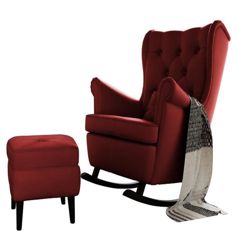 Lutherville Velvet Wingback Chair with Footstool, Amor Velvet 4306 Red