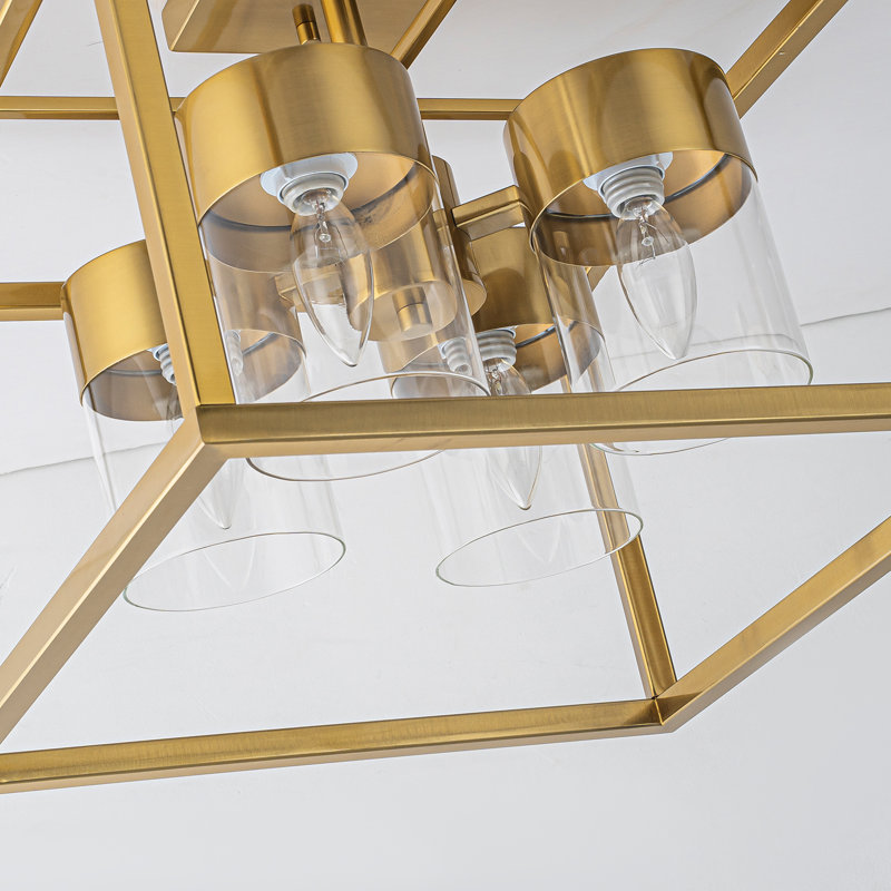 4-Light Antique Brass Semi-Flush Mount Ceiling Light With Clear Glass Shades, Modern Geometric Square Cage Design For Bedroom Hallway Kitchen, E12 Base UL Listed, 15 Inch