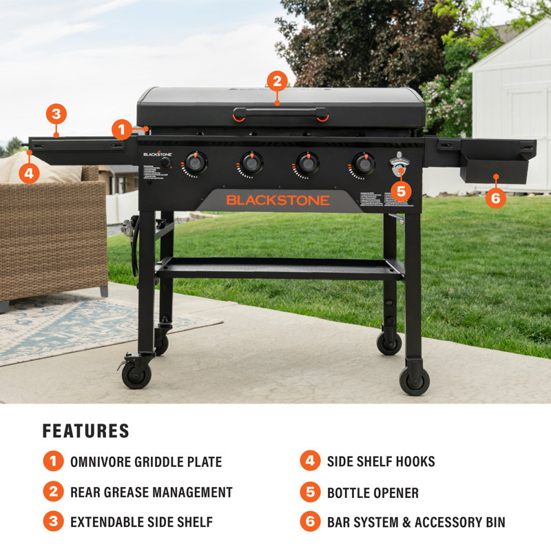Blackstone 4-Burner 36" Omnivore Griddle with Hood and Extendable Side Shelves