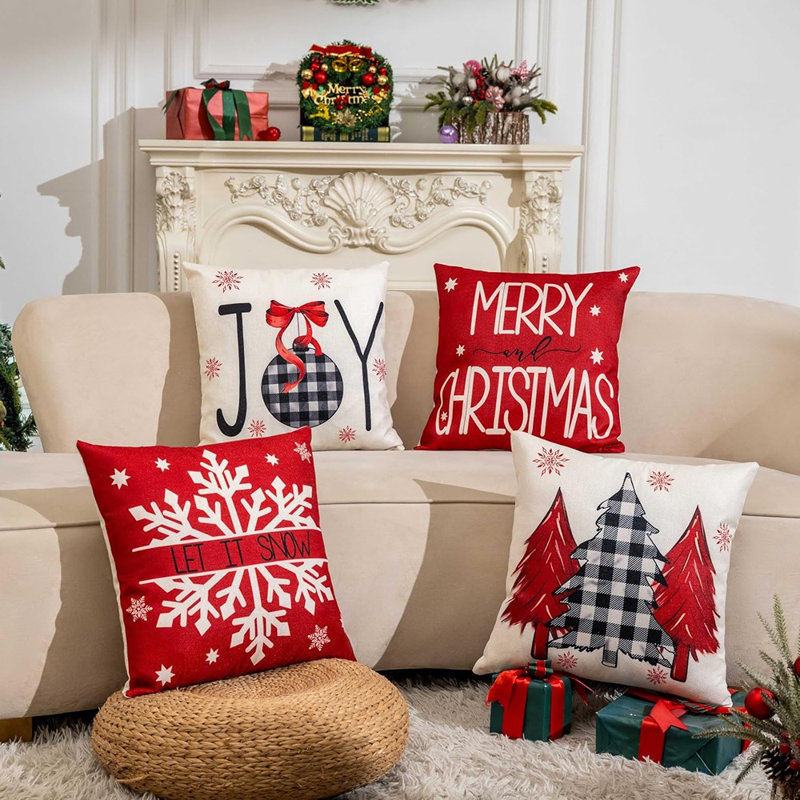 Décorations de Noël rouges - Coussins décoratifs 18 x 18 en ensemble de 4, taie décorative pour flocon de neige Joy